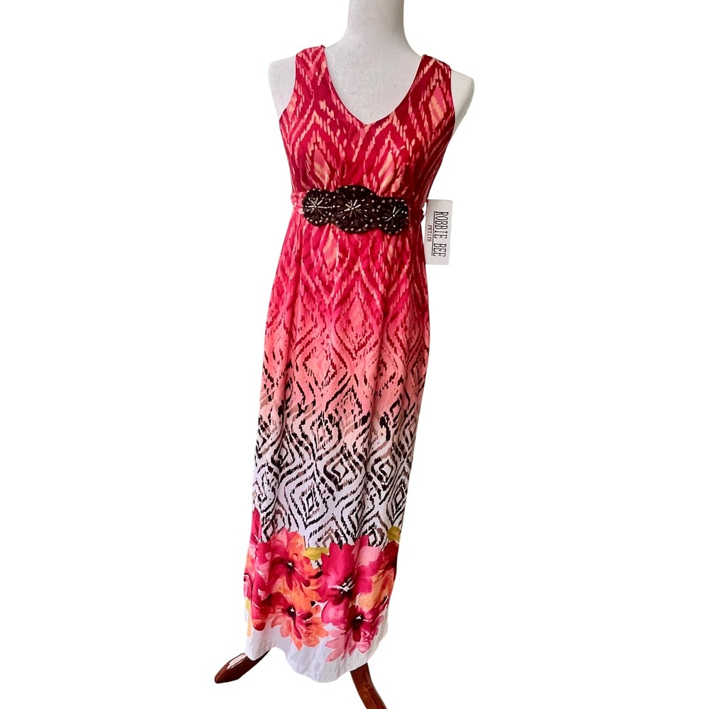 Robbie Bee Pink Ikat Floral Beaded Empire Waist Maxi Dress PS NWT Boho